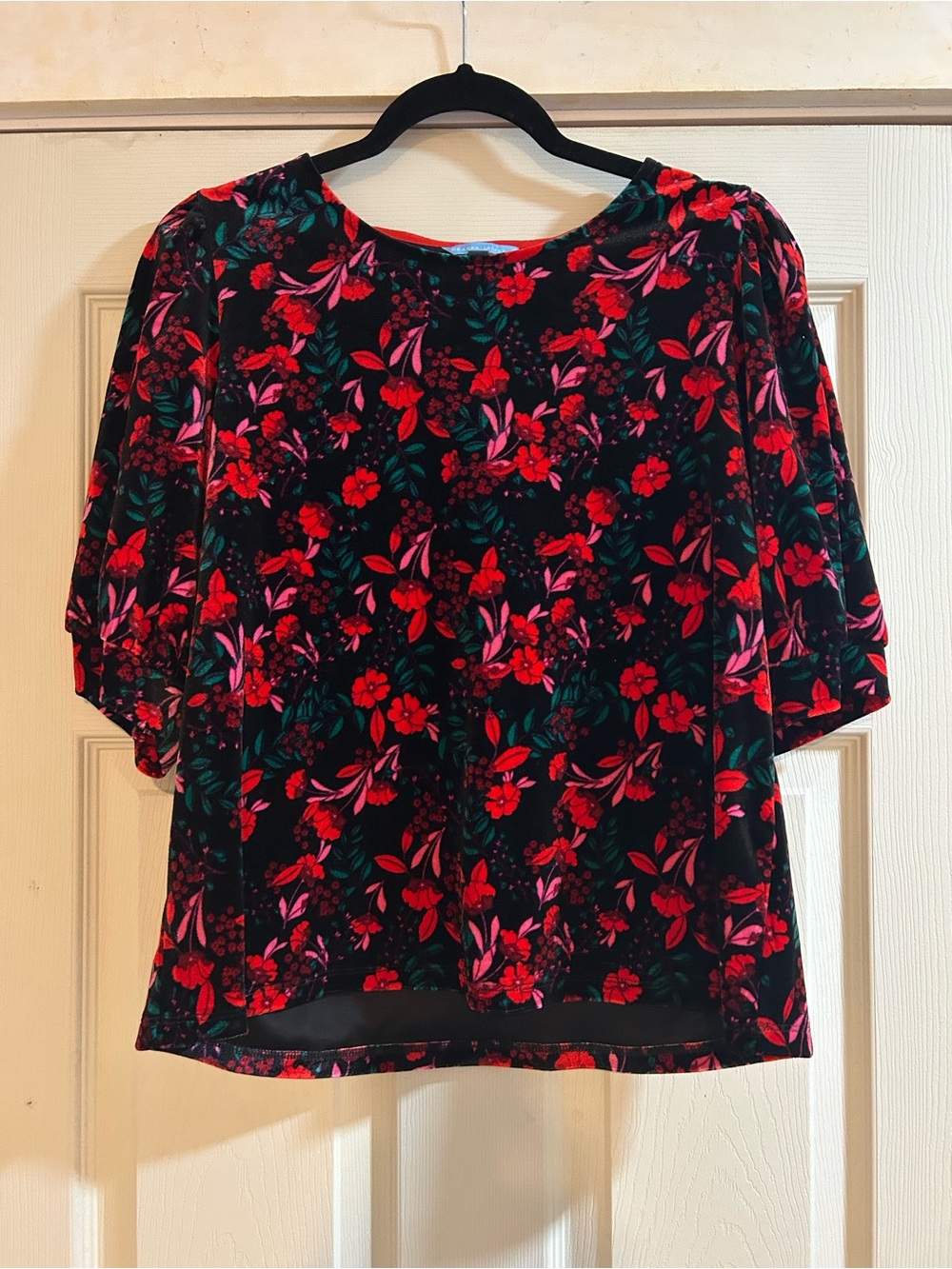 Draper James Black Velvet Floral Short Sleeve Top with Red & Pink Blooms